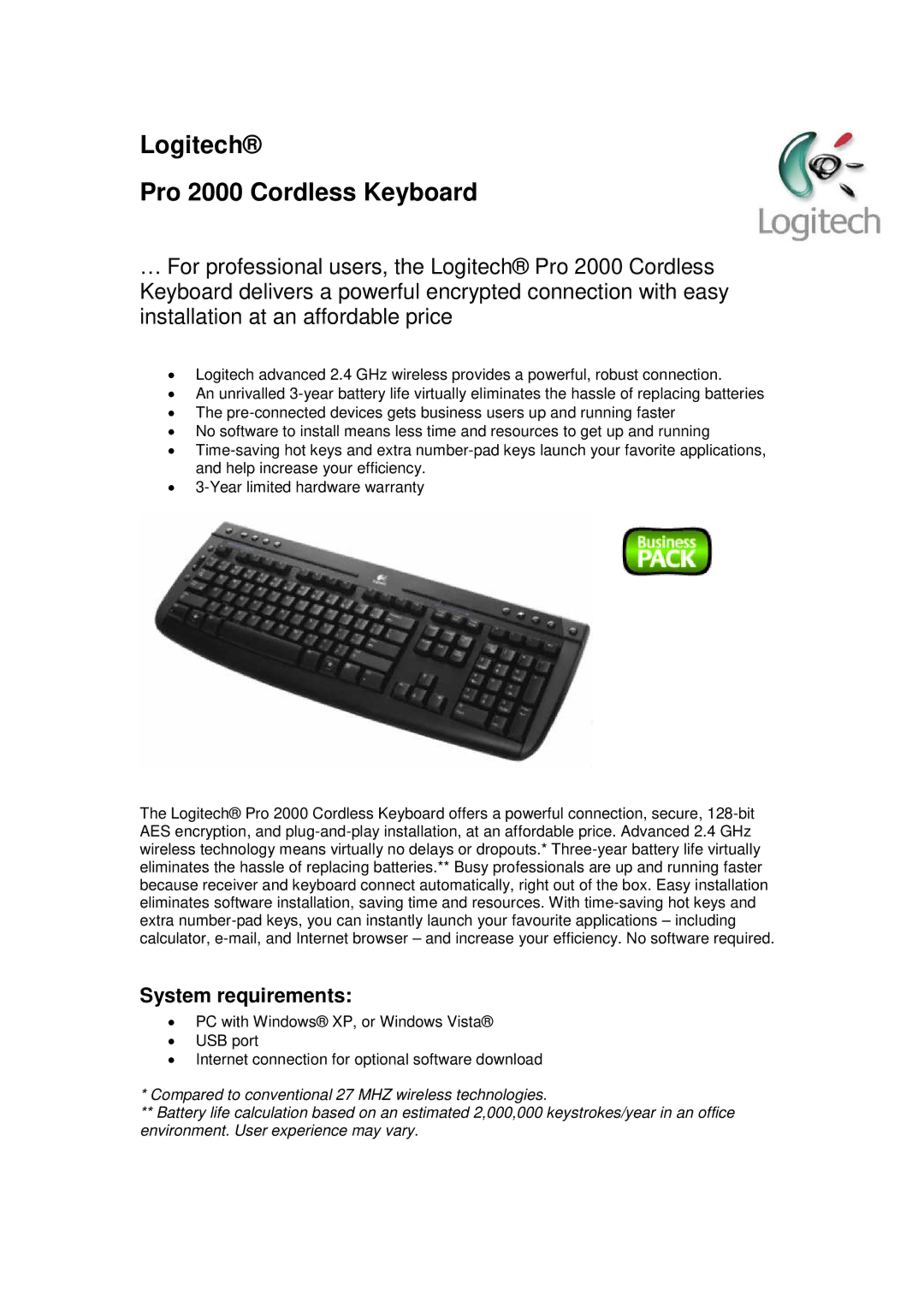 Logitech PRO 2000 warranty Logitech Pro 2000 Cordless Keyboard, System requirements 