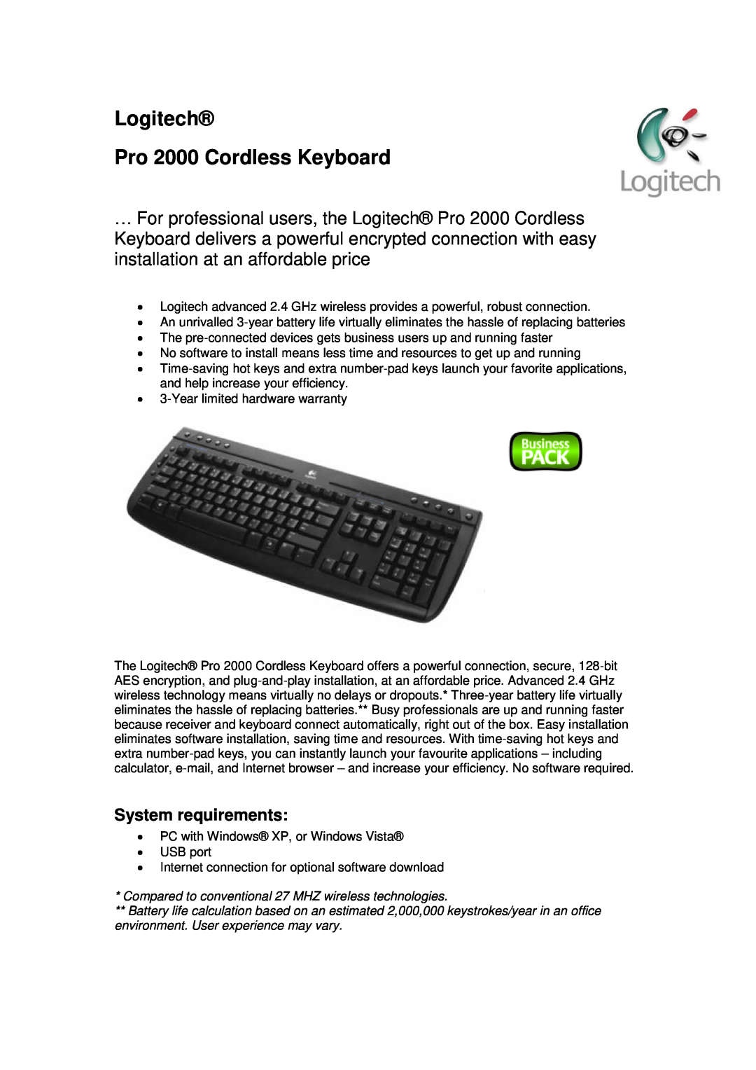 Logitech PRO 2000 warranty Logitech Pro 2000 Cordless Keyboard, System requirements 