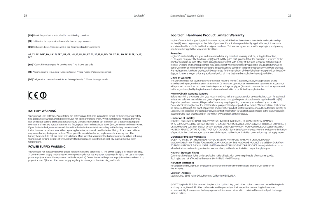 Logitech Receiver manual Battery Warning, Power Supply Warning 