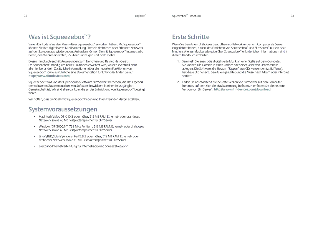 Logitech Receiver manual Was ist Squeezebox?, Systemvoraussetzungen, Erste Schritte 