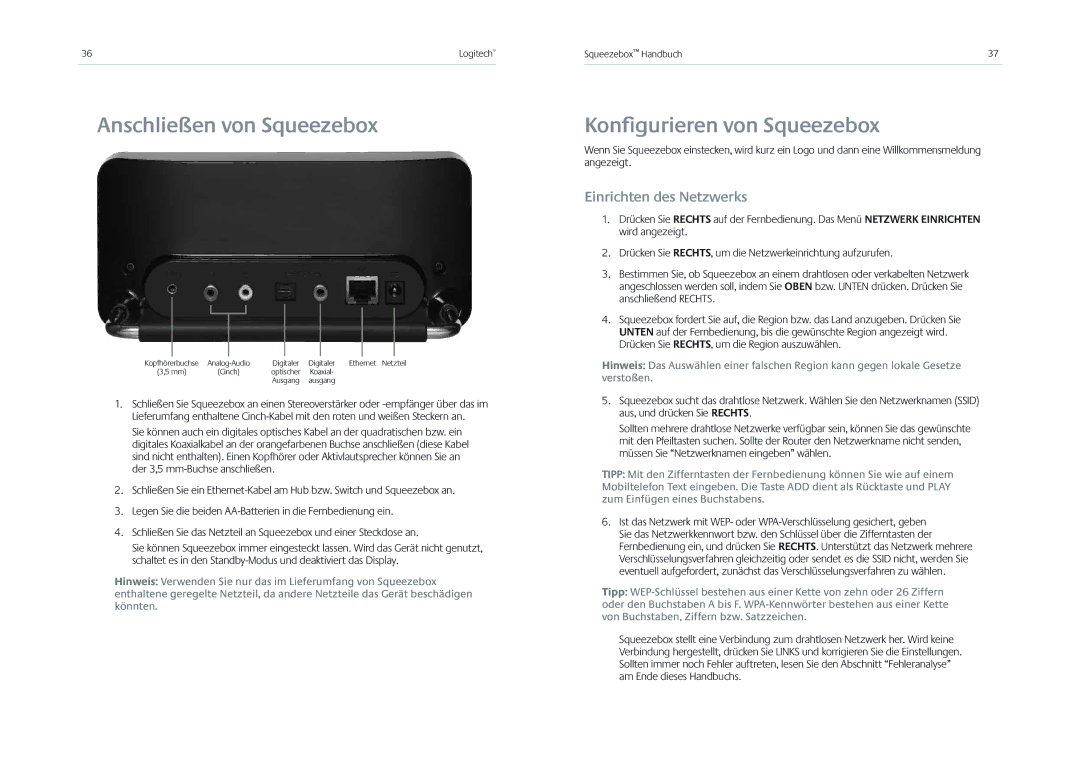 Logitech Receiver manual Anschließen von Squeezebox, Konﬁgurieren von Squeezebox, Einrichten des Netzwerks 