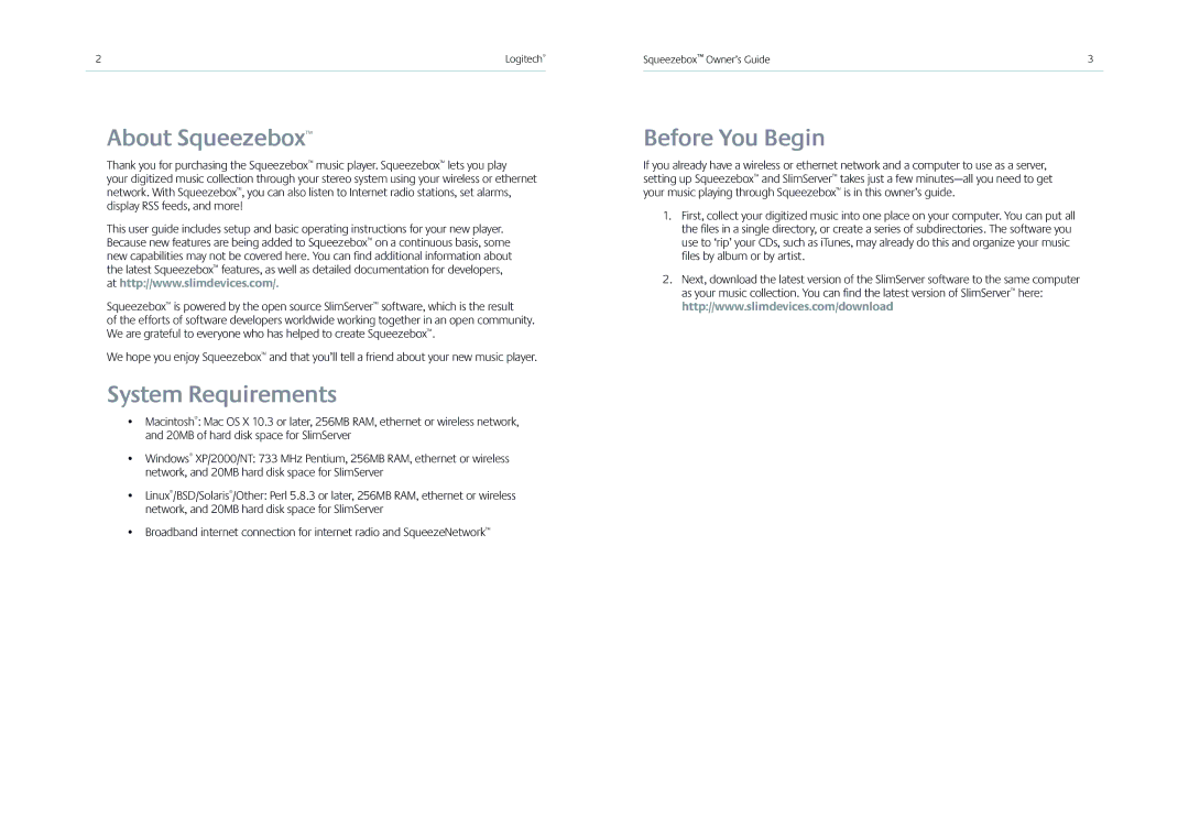 Logitech Receiver manual About Squeezebox, System Requirements, Before You Begin 