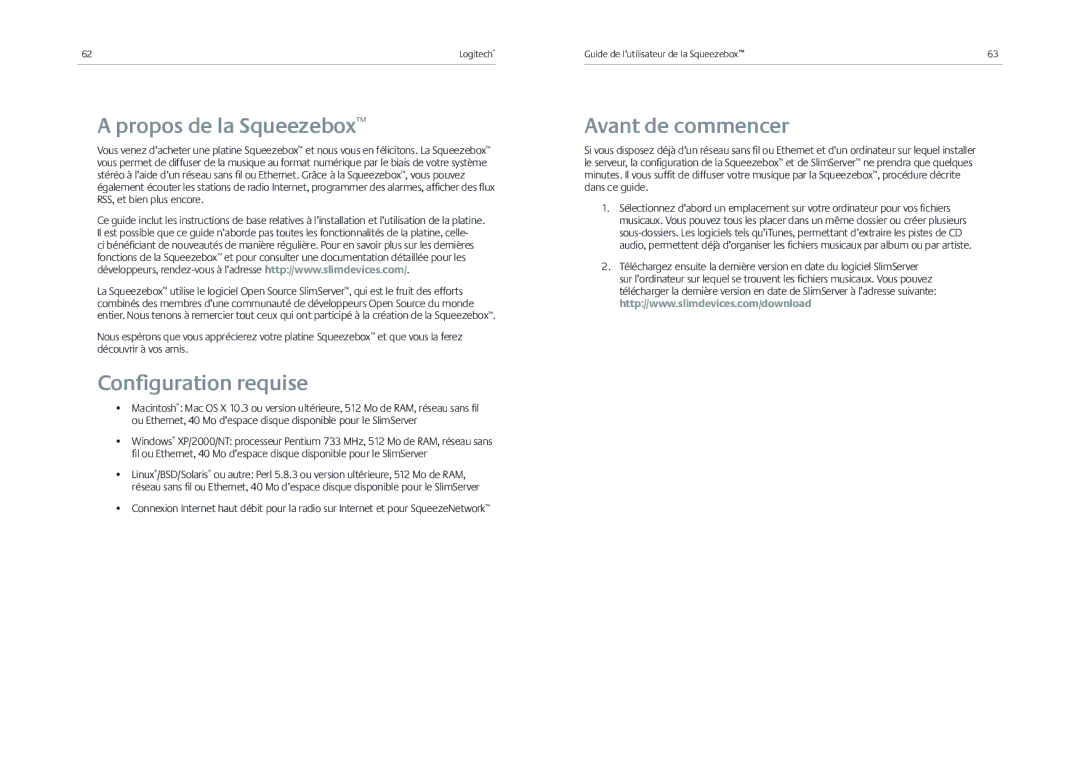 Logitech Receiver manual Propos de la Squeezebox, Conﬁguration requise, Avant de commencer 