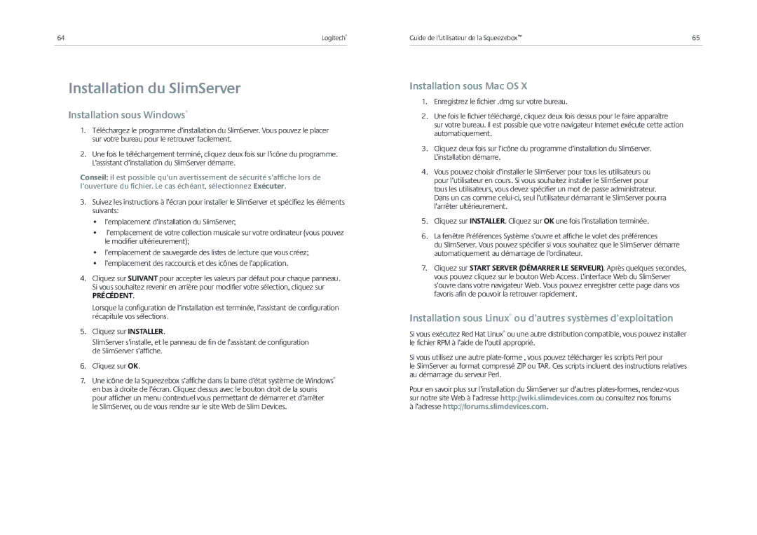 Logitech Receiver manual Installation du SlimServer, Installation sous Windows, Installation sous Mac OS, Précédent 