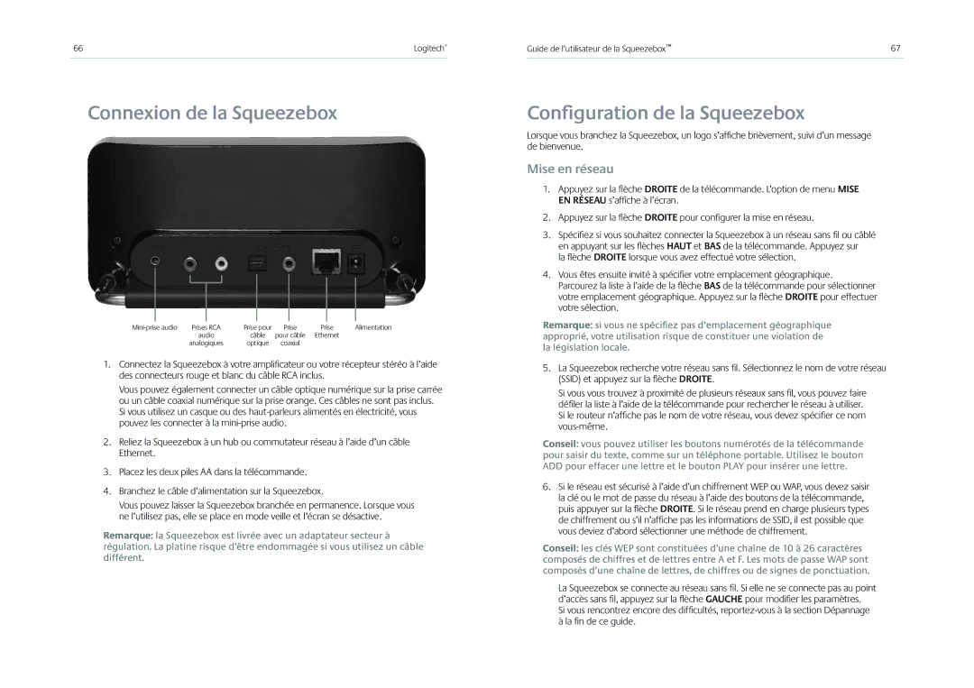 Logitech Receiver manual Connexion de la Squeezebox, Conﬁguration de la Squeezebox, Mise en réseau 