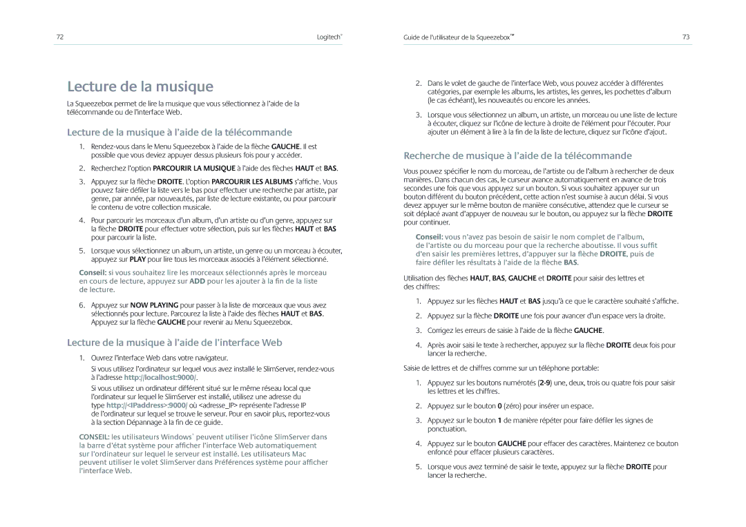 Logitech Receiver Lecture de la musique à l’aide de la télécommande, Lecture de la musique à l’aide de l’interface Web 