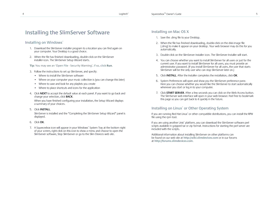 Logitech Receiver manual Installing the SlimServer Software, Installing on Windows, Installing on Mac OS 