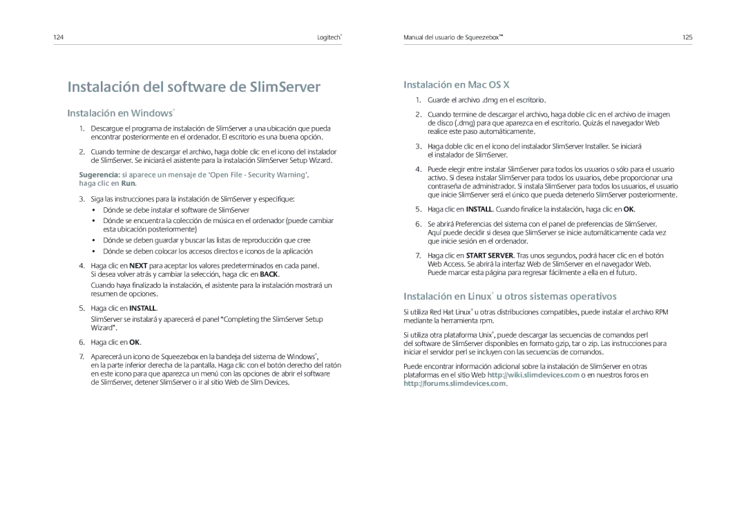 Logitech Receiver manual Instalación del software de SlimServer, Instalación en Windows, Instalación en Mac OS 