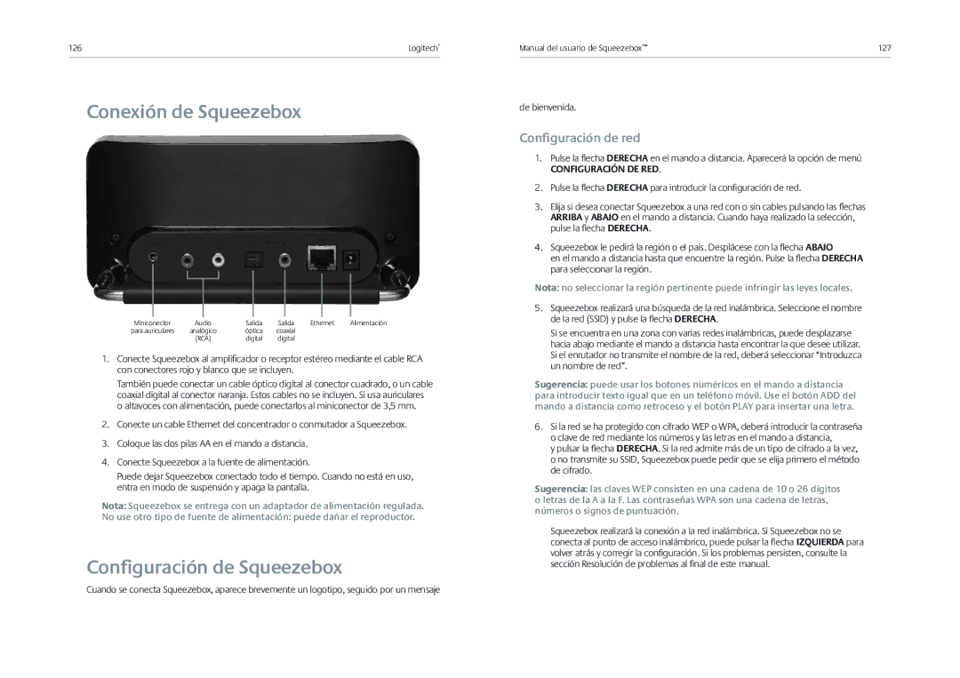 Logitech Receiver manual Conexión de Squeezebox, Conﬁguración de Squeezebox, Conﬁguración de red, De bienvenida 