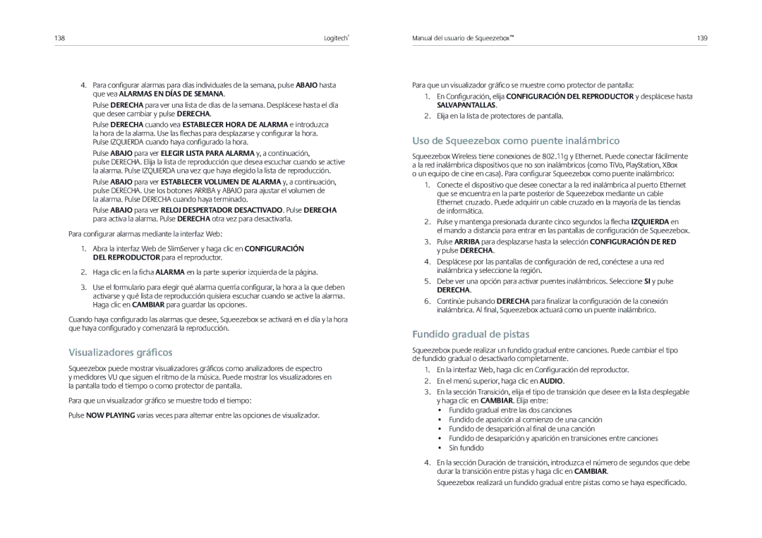 Logitech Receiver manual Visualizadores gráﬁcos, Uso de Squeezebox como puente inalámbrico, Fundido gradual de pistas 