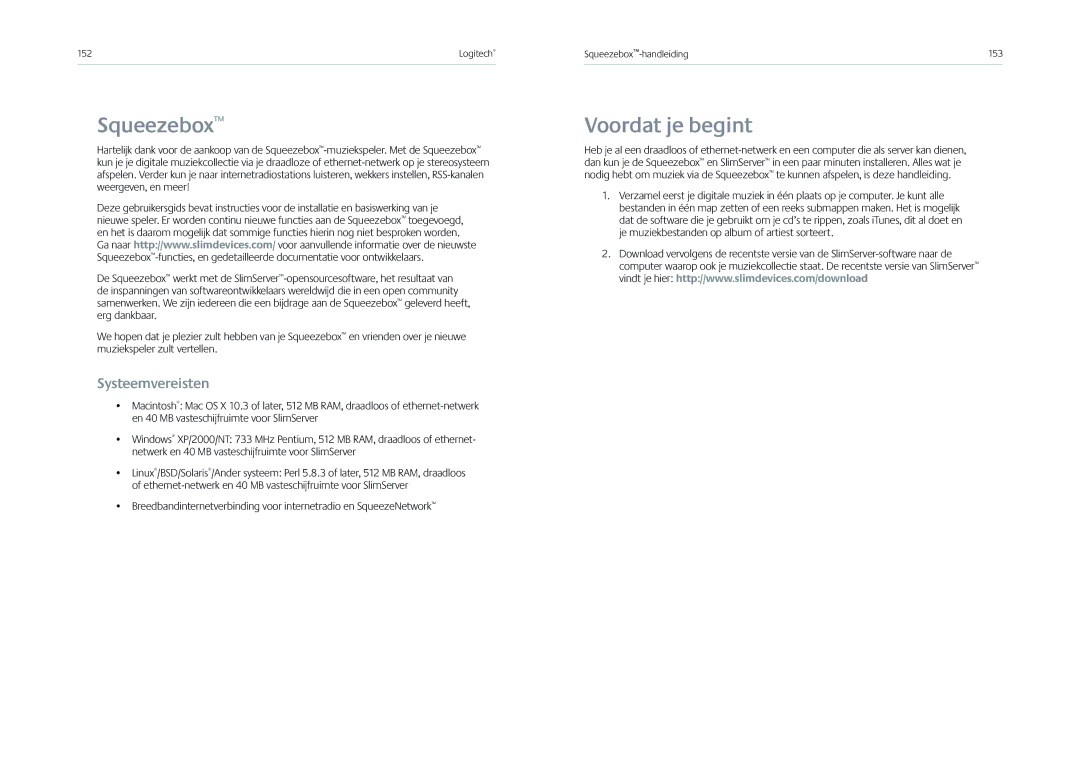 Logitech Receiver manual Squeezebox, Voordat je begint, Systeemvereisten 