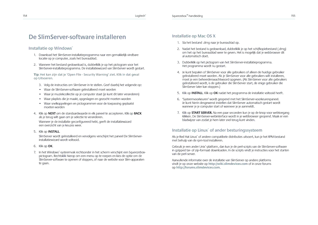 Logitech Receiver manual De SlimServer-software installeren, Installatie op Windows, Installatie op Mac OS 