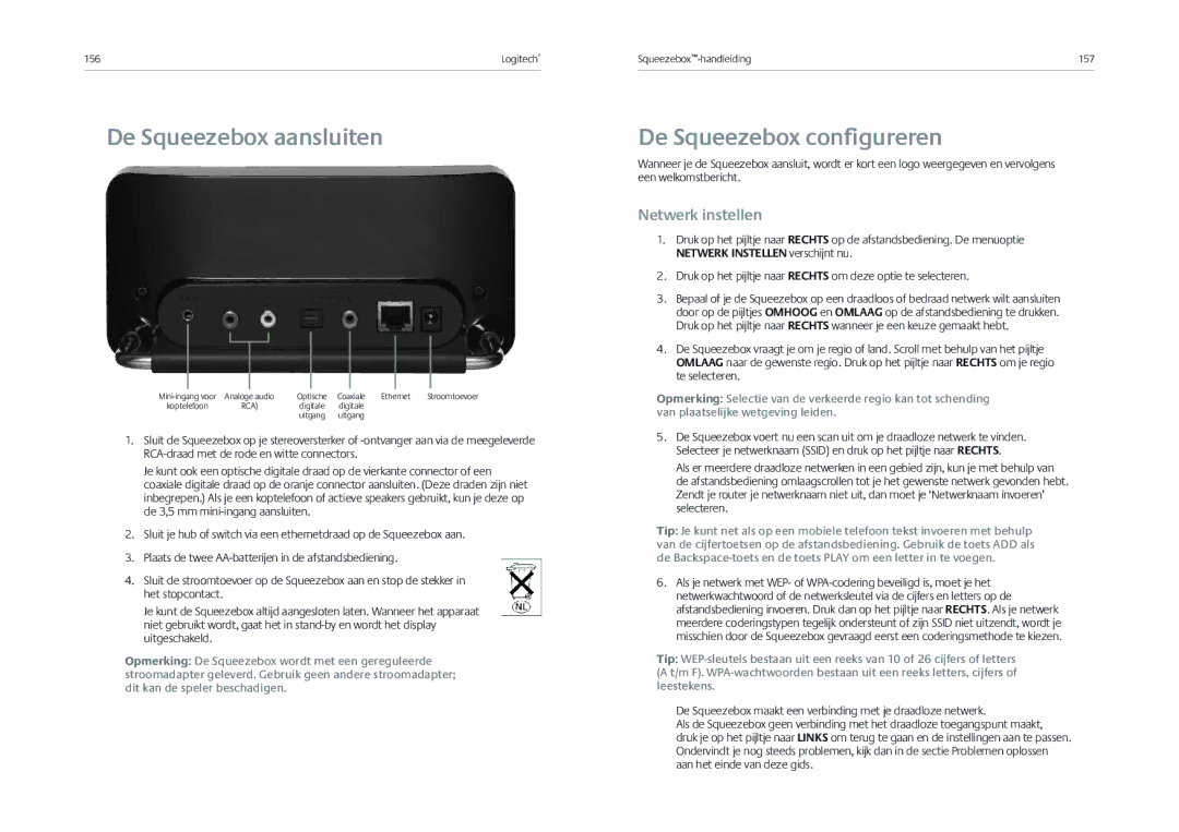 Logitech Receiver manual De Squeezebox aansluiten, De Squeezebox conﬁgureren, Netwerk instellen 