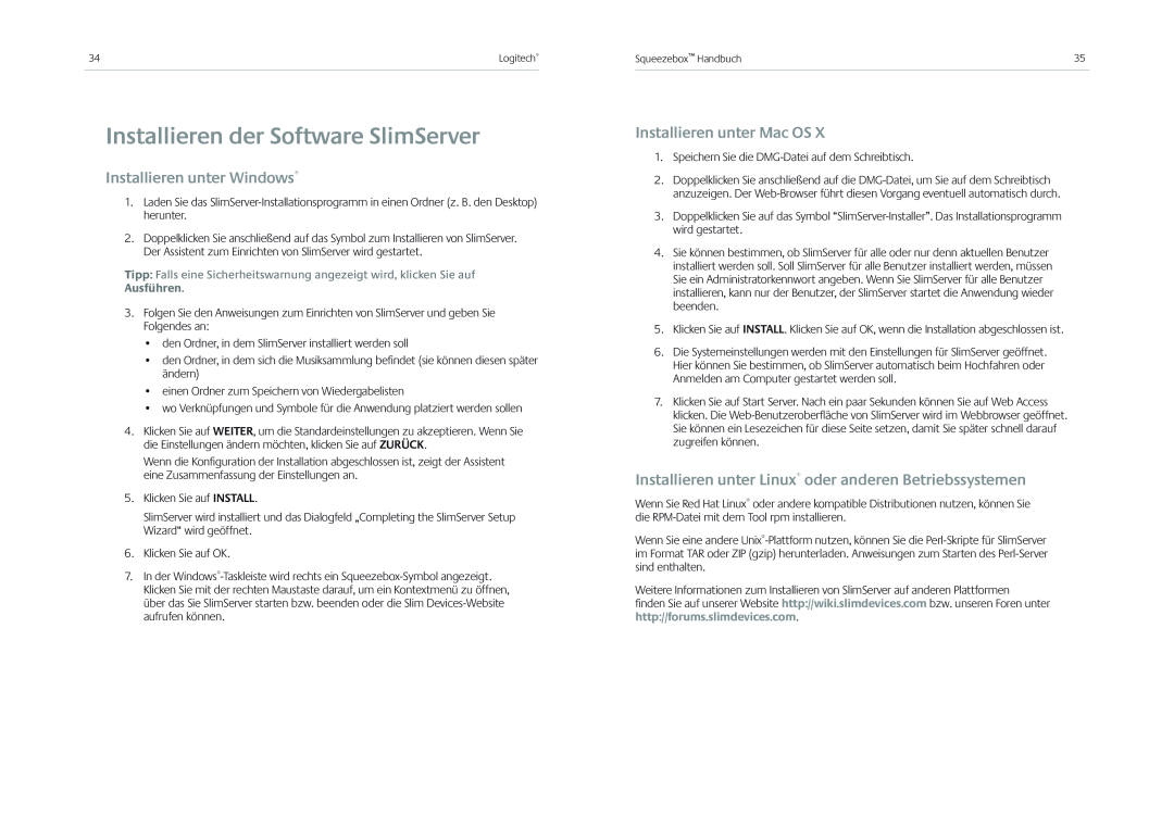 Logitech Receiver manual Installieren der Software SlimServer, Installieren unter Windows, Installieren unter Mac OS 