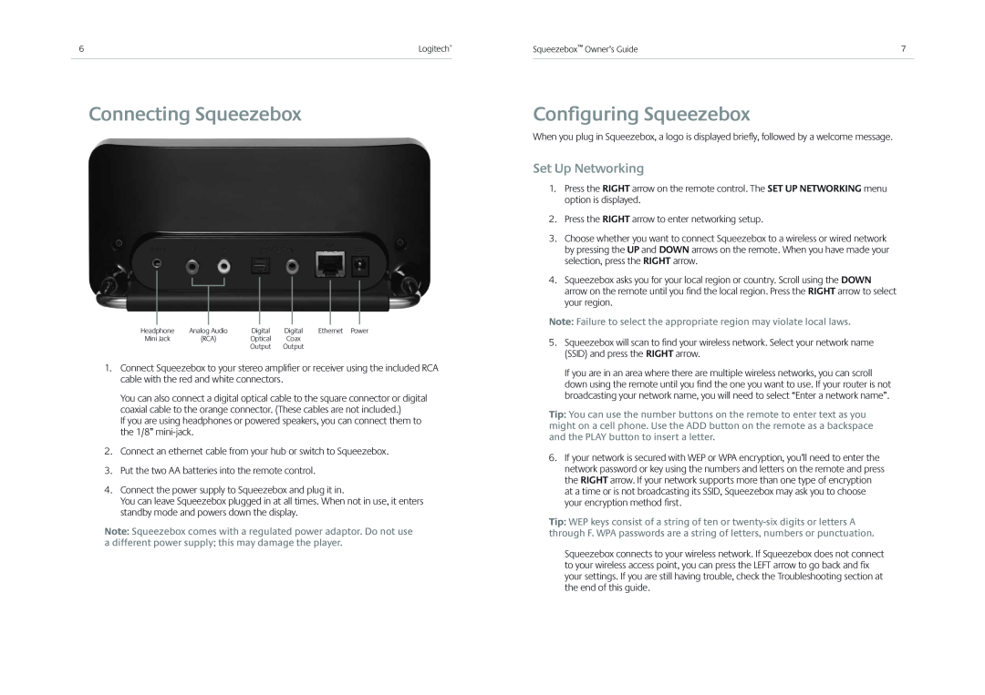 Logitech Receiver manual Connecting Squeezebox, Conﬁguring Squeezebox, Set Up Networking 
