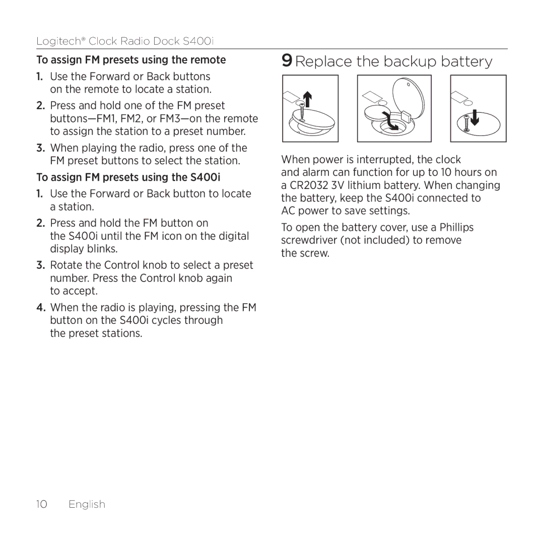 Logitech S400i manual 9Replace the backup battery, To assign FM presets using the remote 