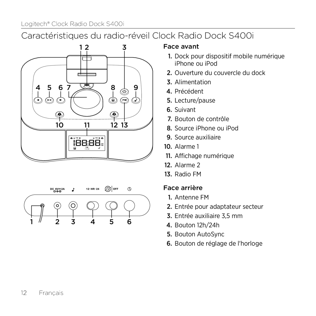 Logitech manual Caractéristiques du radio-réveil Clock Radio Dock S400i 