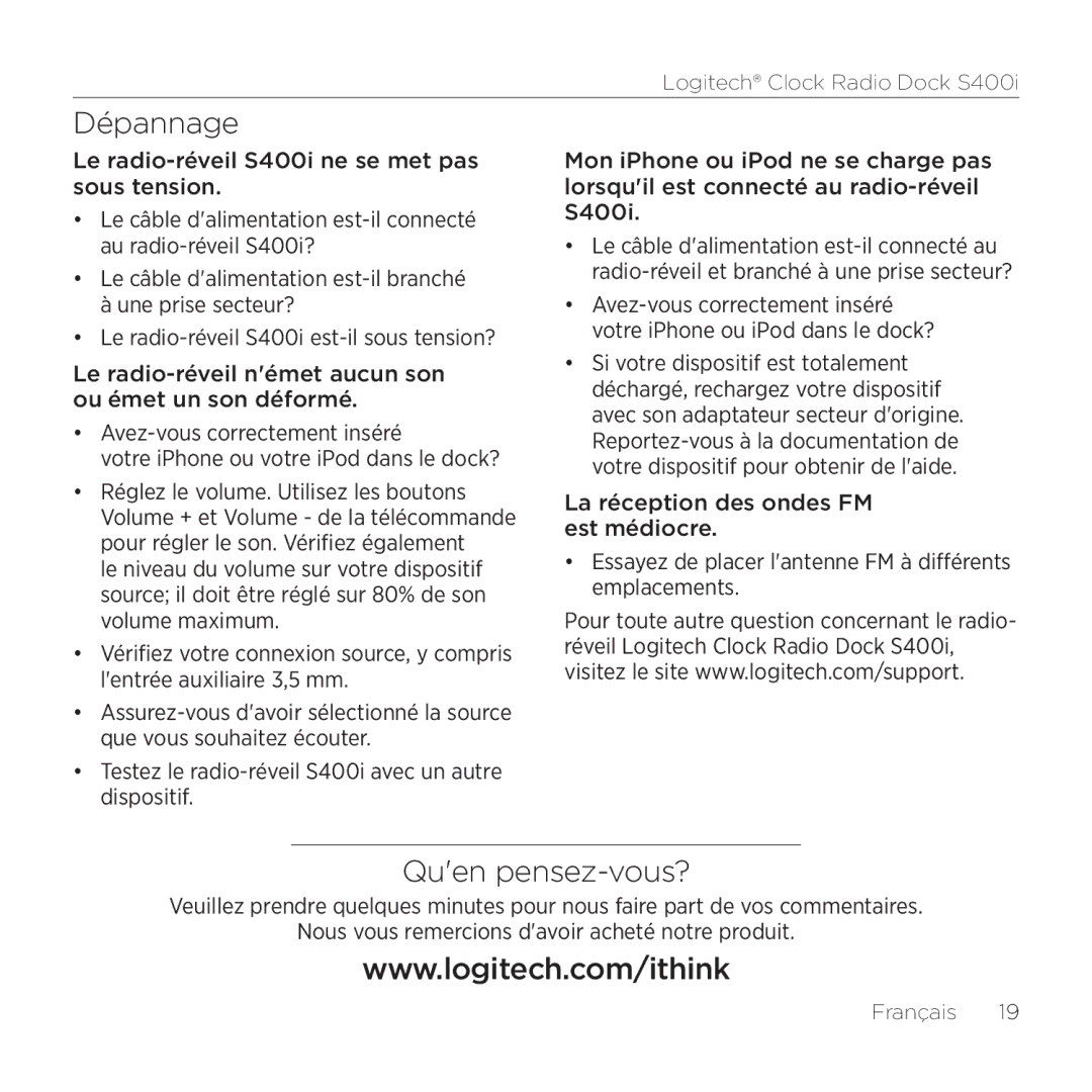 Logitech S400i manual Dépannage, Quen pensez-vous? 