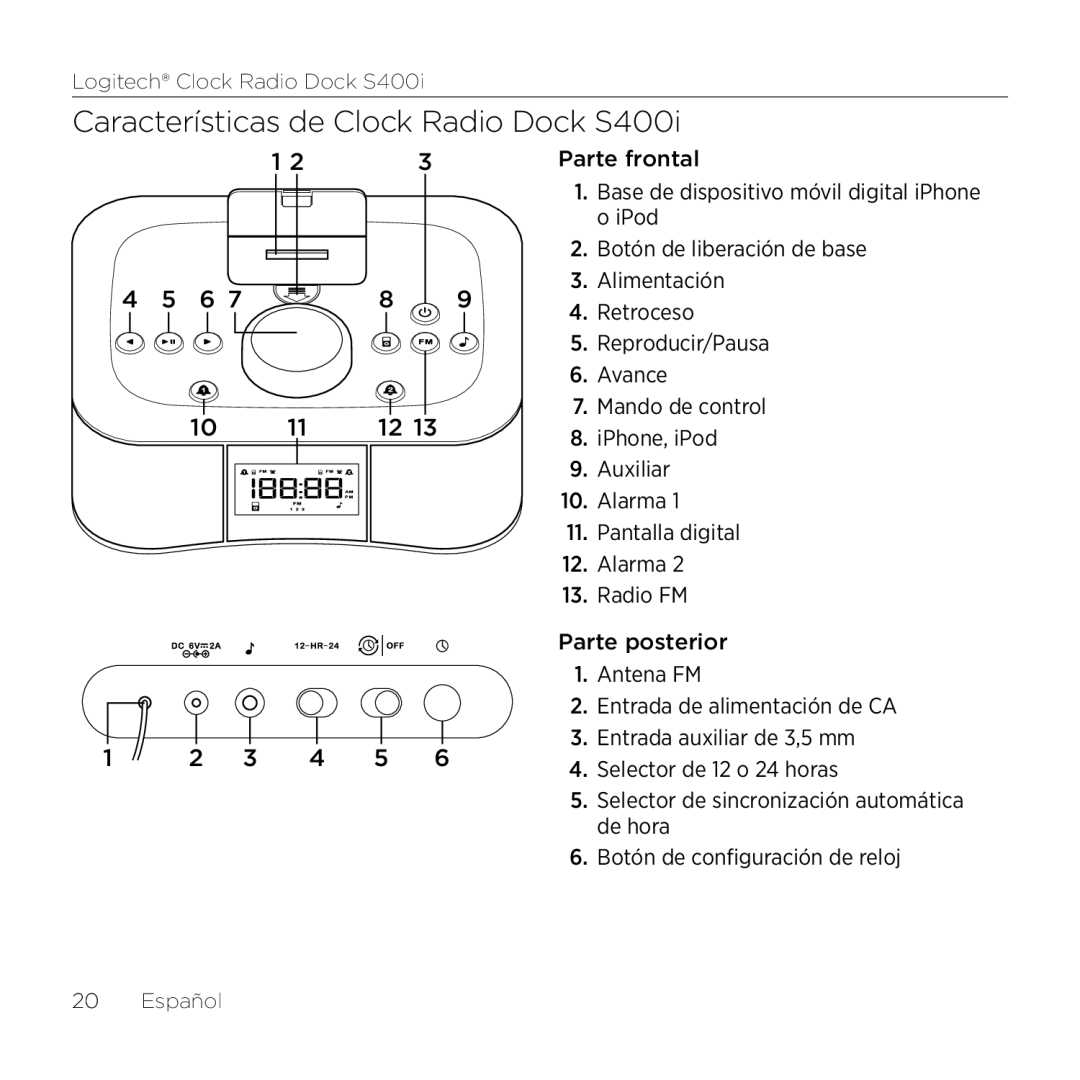 Logitech manual Características de Clock Radio Dock S400i 