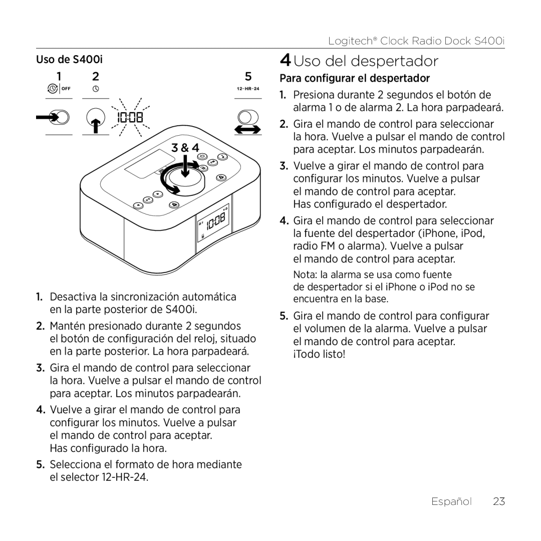 Logitech S400i manual 4Uso del despertador 
