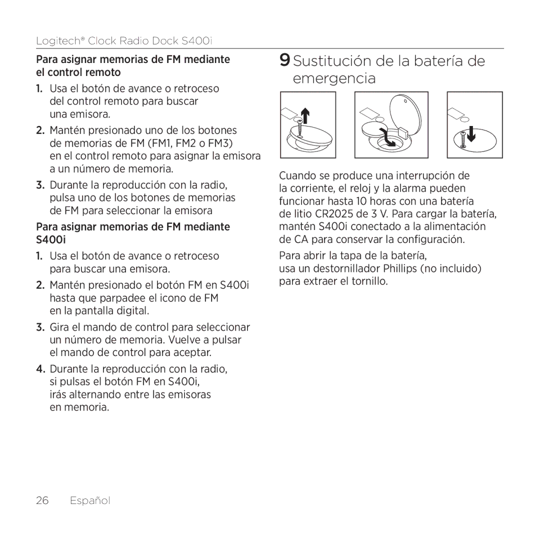 Logitech 9Sustitución de la batería de emergencia, Para asignar memorias de FM mediante S400i, En la pantalla digital 