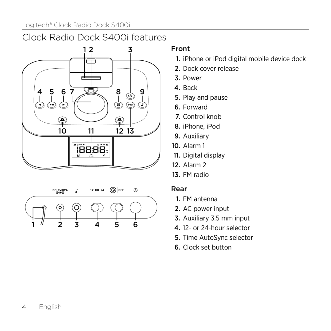 Logitech manual Clock Radio Dock S400i features 