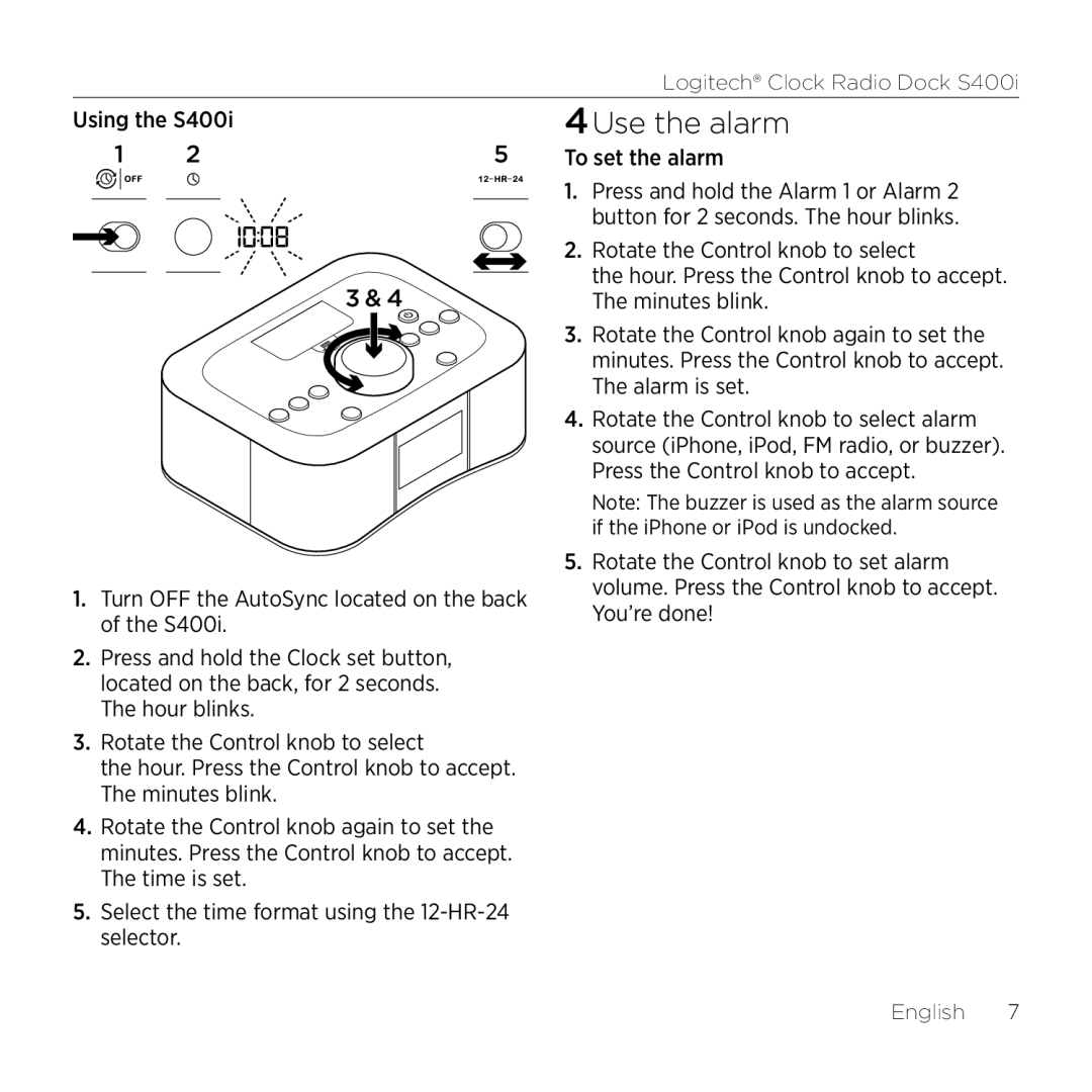 Logitech S400i manual 4Use the alarm, To set the alarm 