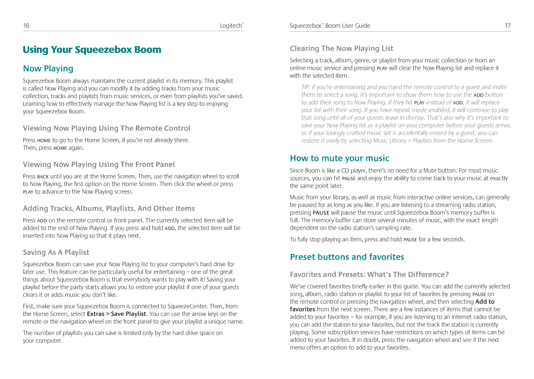 Logitech manual Using Your Squeezebox Boom, Now Playing, How to mute your music, Preset buttons and favorites 