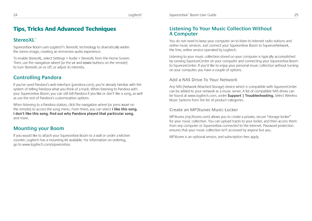 Logitech Squeezebox Boom manual Tips, Tricks And Advanced Techniques, StereoXL, Controlling Pandora, Mounting your Boom 