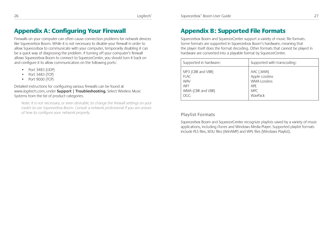 Logitech Squeezebox Boom manual Appendix a Configuring Your Firewall, Appendix B Supported File Formats, Playlist Formats 