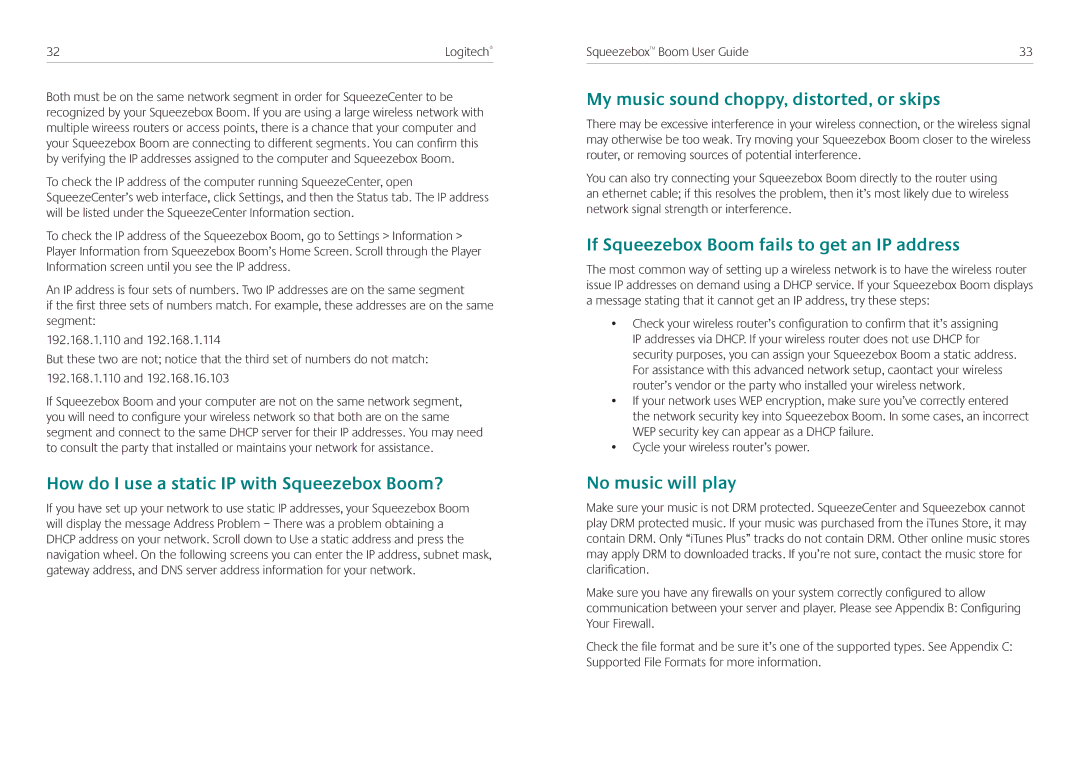 Logitech How do I use a static IP with Squeezebox Boom?, My music sound choppy, distorted, or skips, No music will play 