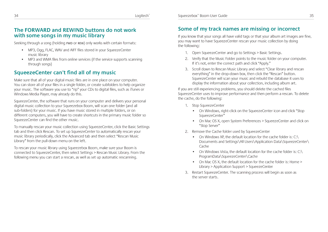 Logitech Squeezebox Boom manual SqueezeCenter can’t find all of my music, Some of my track names are missing or incorrect 