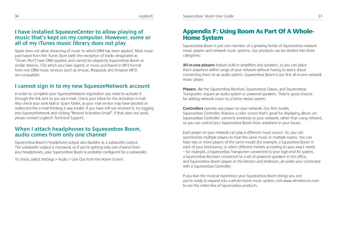 Logitech Squeezebox Boom manual Appendix F Using Boom As Part Of a Whole- Home System 