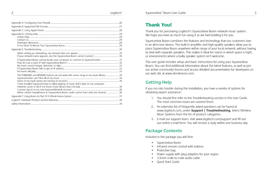 Logitech Squeezebox Boom manual Thank You, Getting Help, Package Contents 