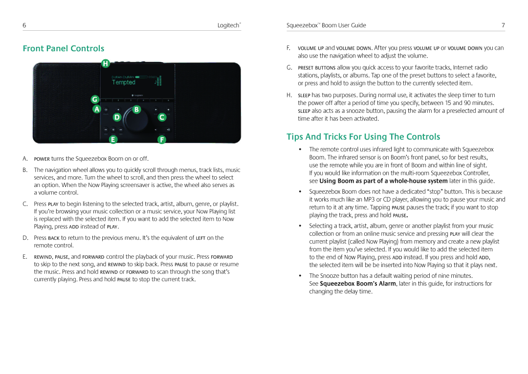 Logitech Squeezebox Boom manual Front Panel Controls, Tips And Tricks For Using The Controls 