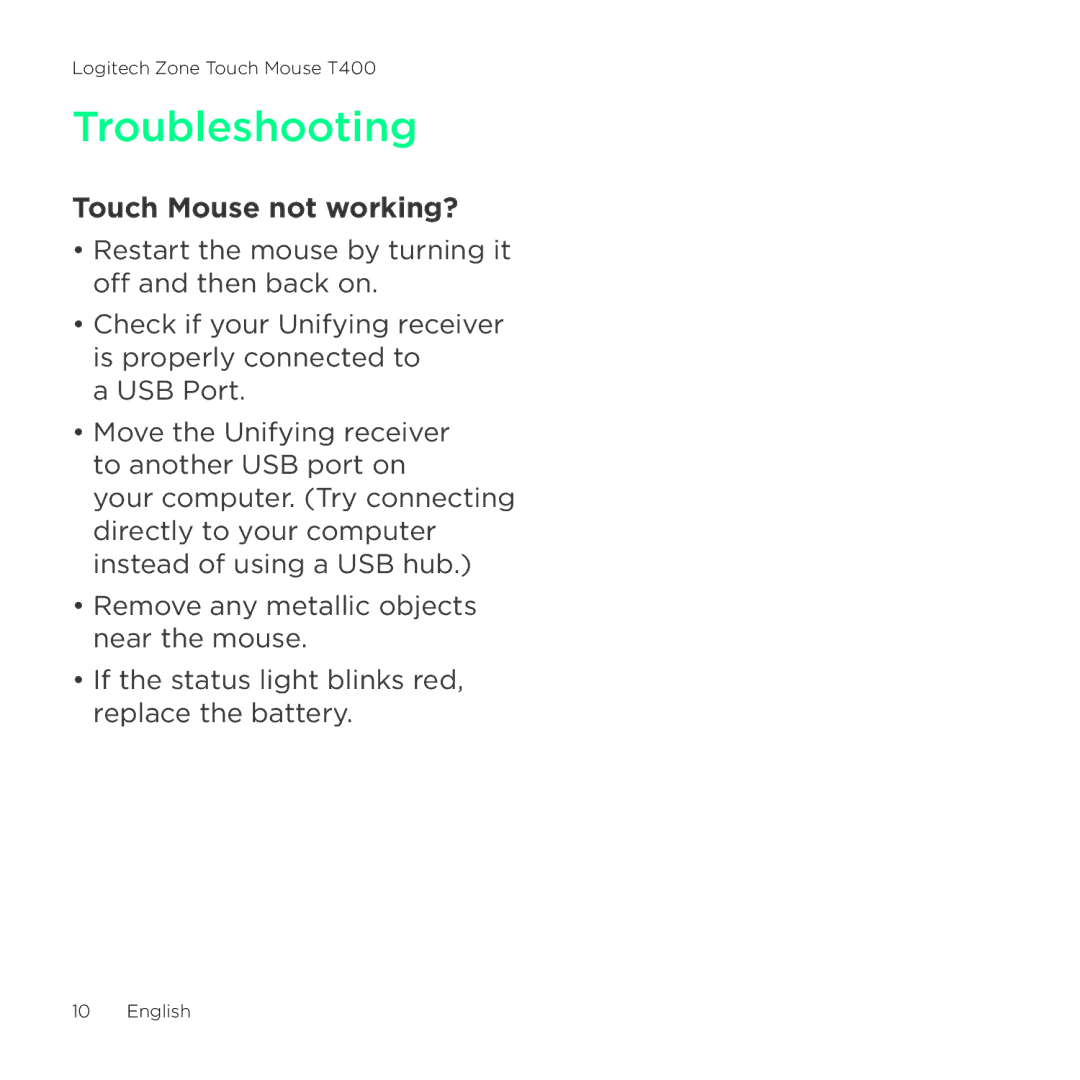 Logitech T400 setup guide Troubleshooting, Touch Mouse not working? 