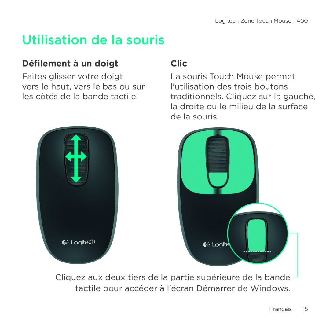 Logitech T400 setup guide Utilisation de la souris, Défilement à un doigt Clic 