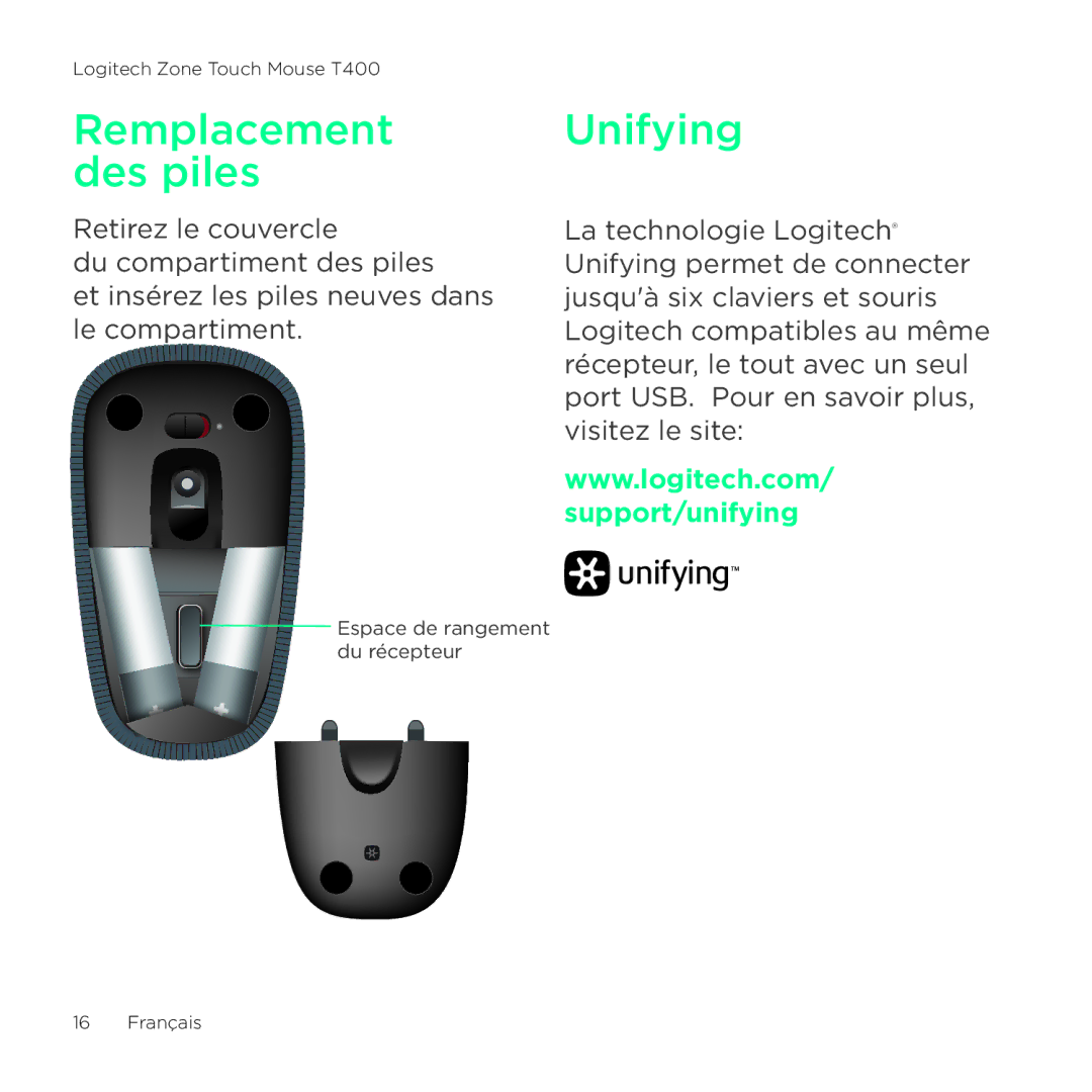 Logitech T400 setup guide Remplacement des piles, Unifying 