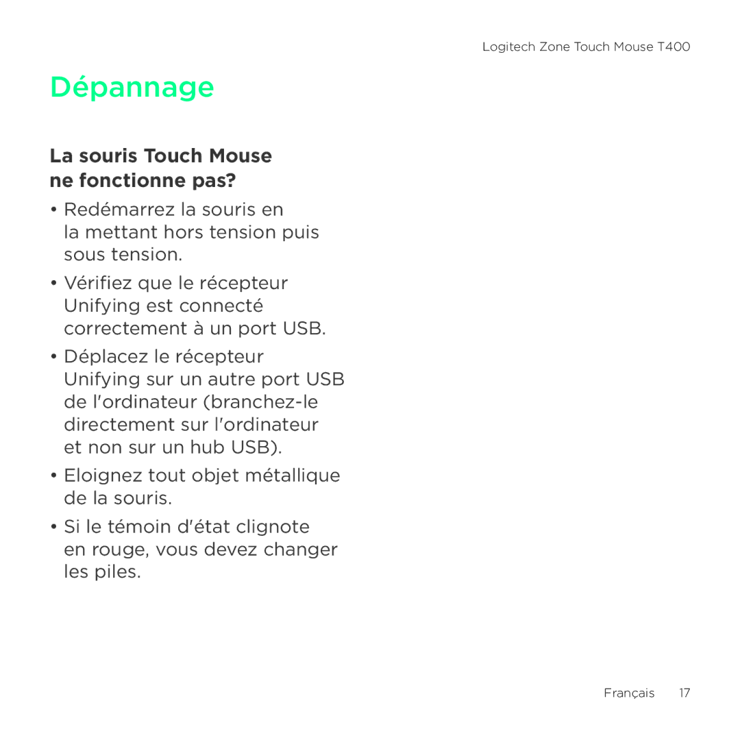 Logitech T400 setup guide Dépannage, La souris Touch Mouse ne fonctionne pas? 