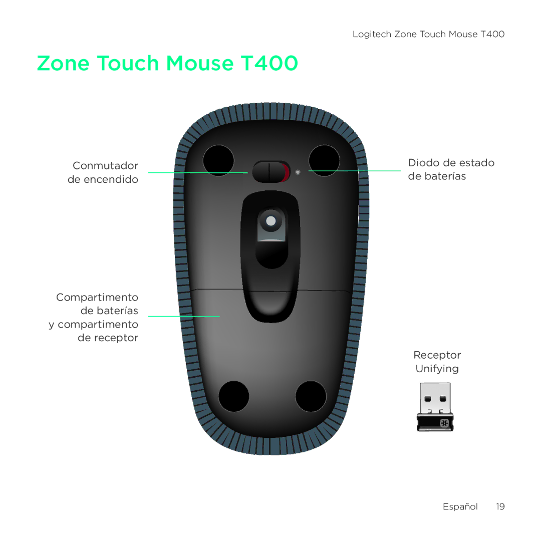 Logitech T400 setup guide Diodo de estado de baterías Receptor Unifying 