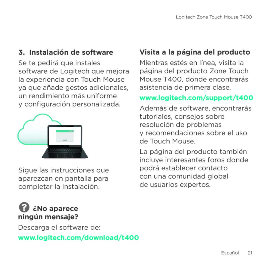 Logitech T400 setup guide Instalación de software, Visita a la página del producto, ¿No aparece ningún mensaje? 