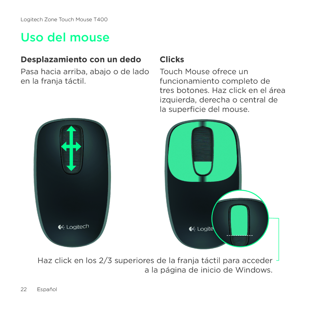 Logitech T400 setup guide Uso del mouse, Desplazamiento con un dedo, Clicks 