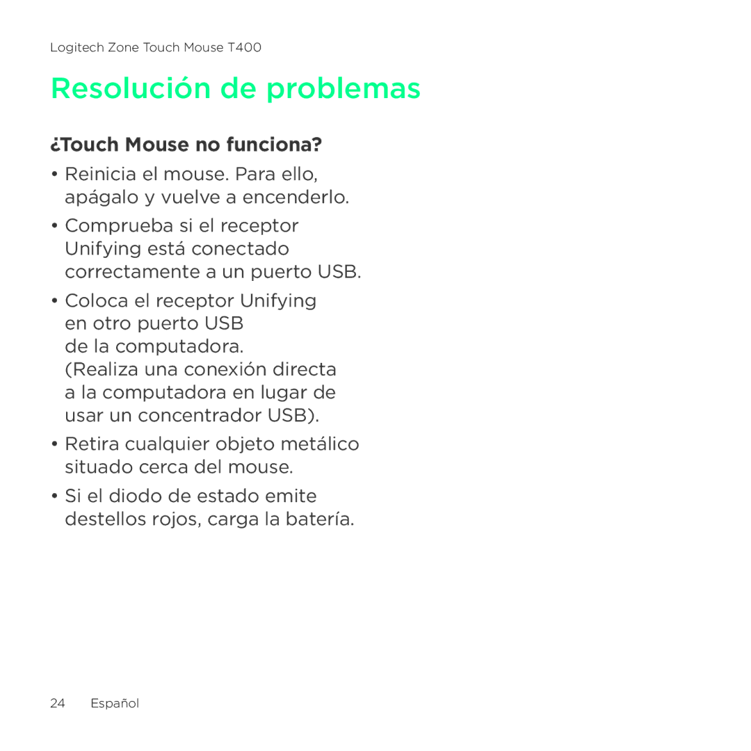 Logitech T400 setup guide Resolución de problemas, ¿Touch Mouse no funciona? 