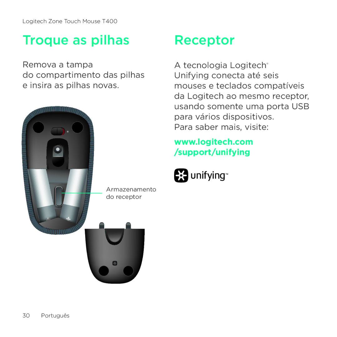 Logitech T400 setup guide Troque as pilhas Receptor 