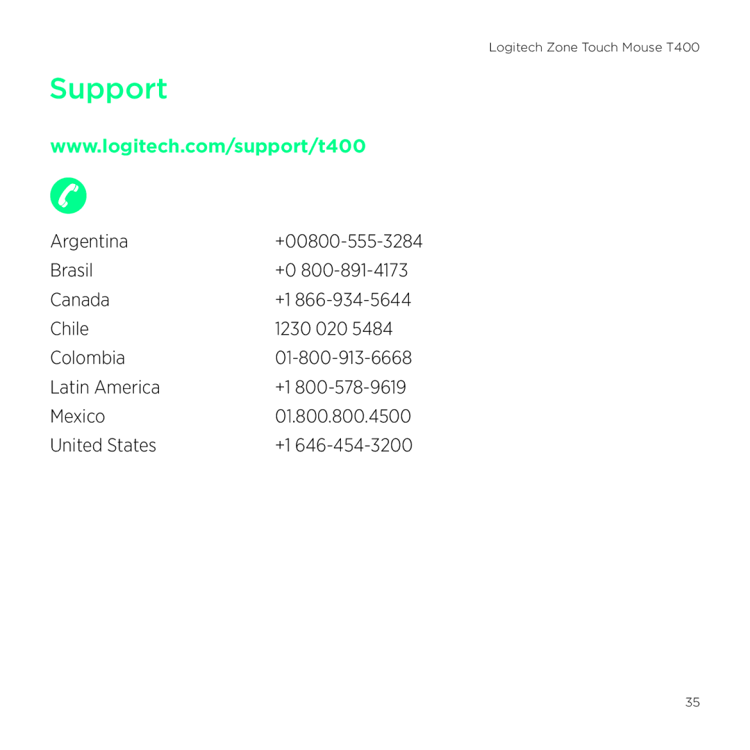 Logitech T400 setup guide Support, Latin America Mexico 01.800.800.4500 United States 