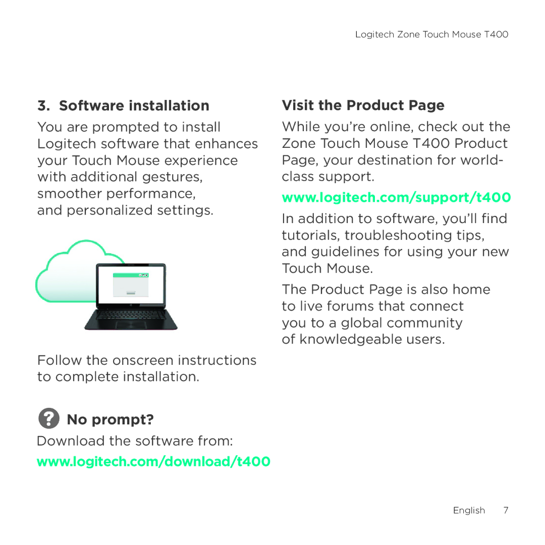 Logitech T400 setup guide Software installation, Visit the Product, No prompt? 