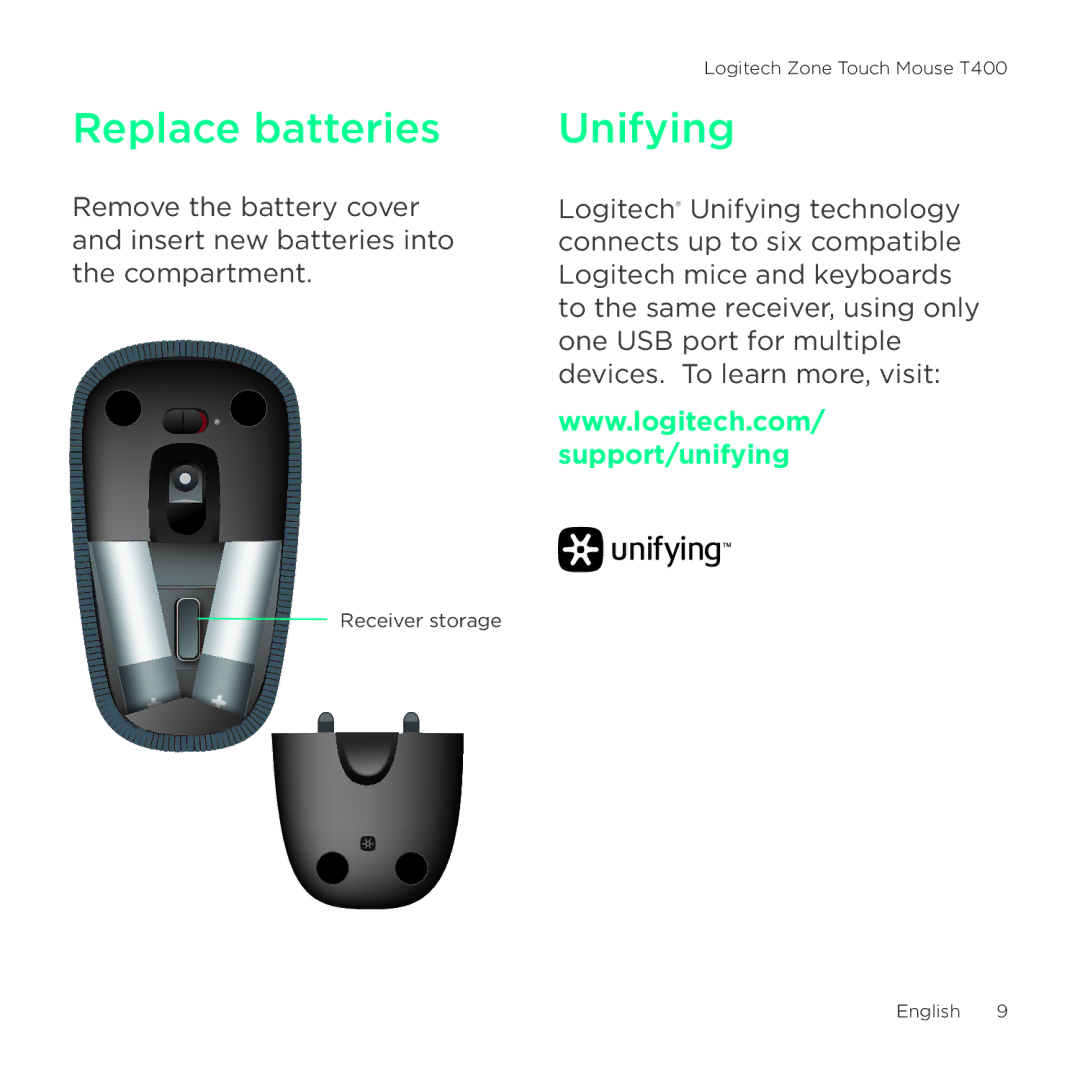 Logitech T400 setup guide Replace batteries, Unifying 