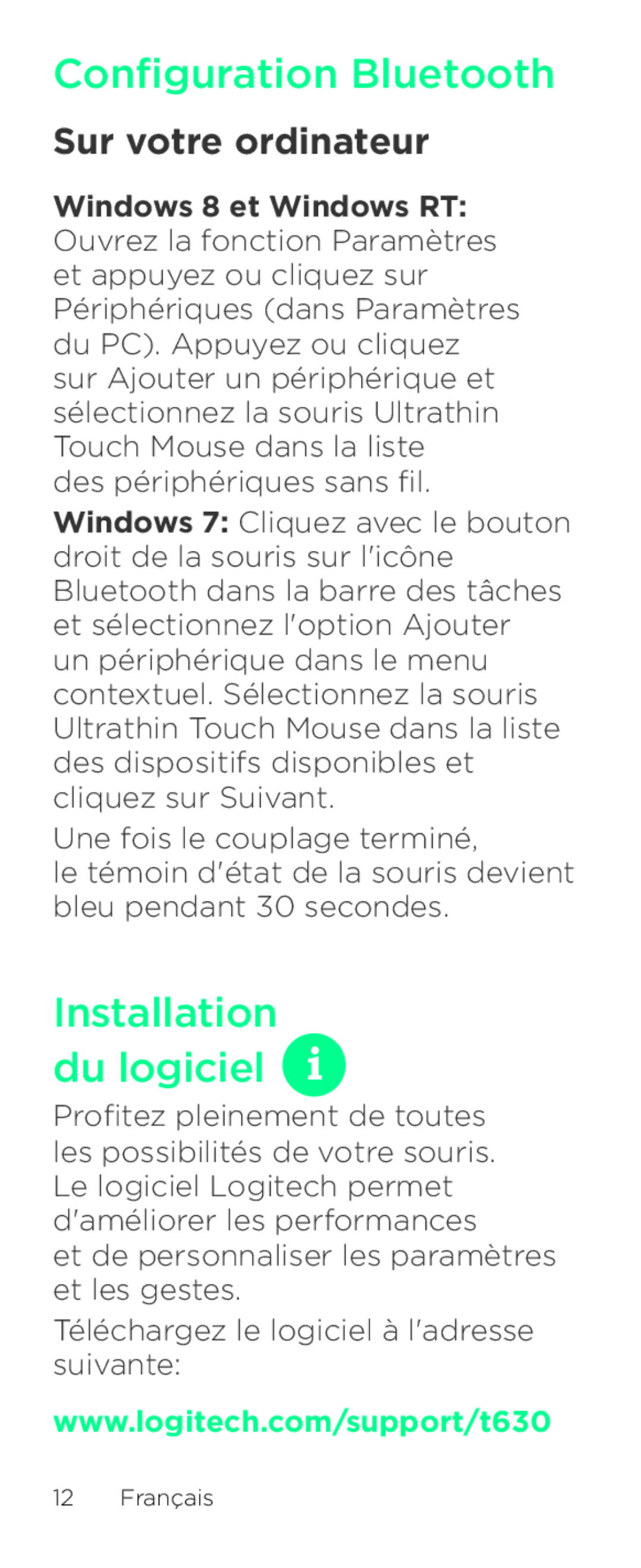 Logitech T630 setup guide Installation du logiciel, Sur votre ordinateur 