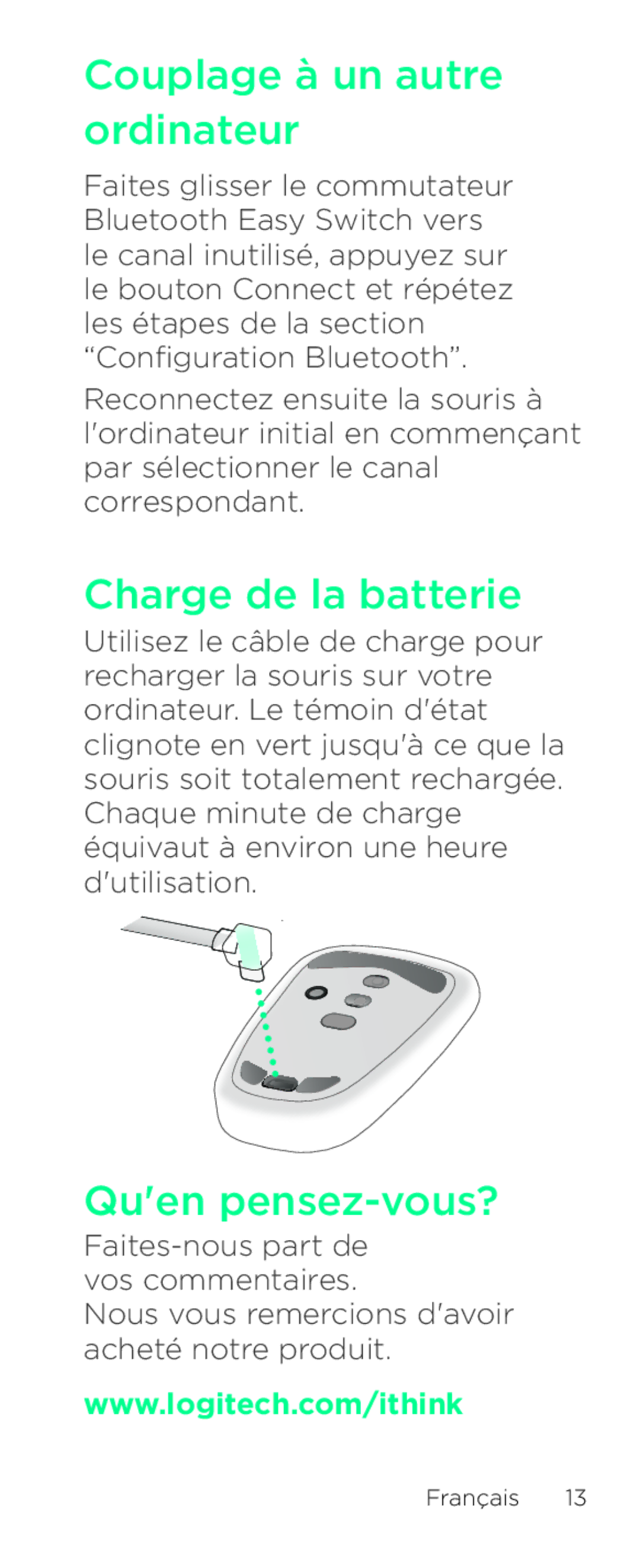 Logitech T630 setup guide Couplage à un autre ordinateur, Charge de la batterie, Quen pensez-vous? 