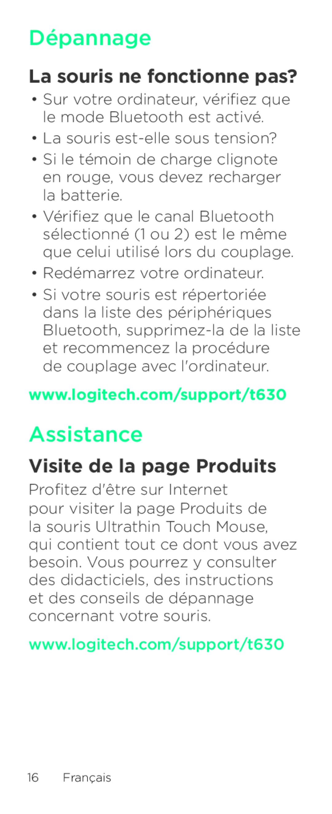 Logitech T630 setup guide Dépannage, Assistance, La souris ne fonctionne pas?, Visite de la page Produits 